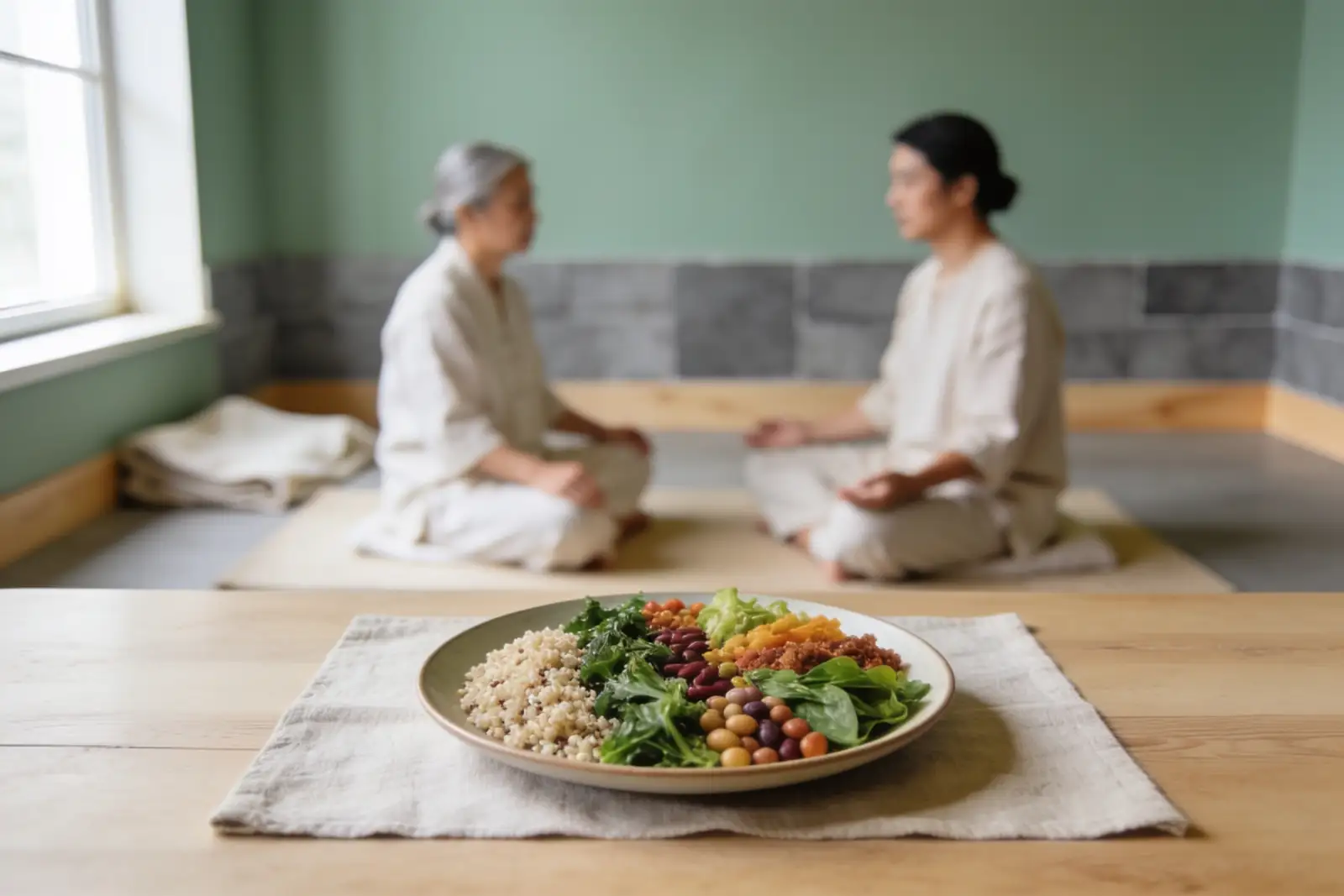 Calm meal scene with a balanced plate of whole foods