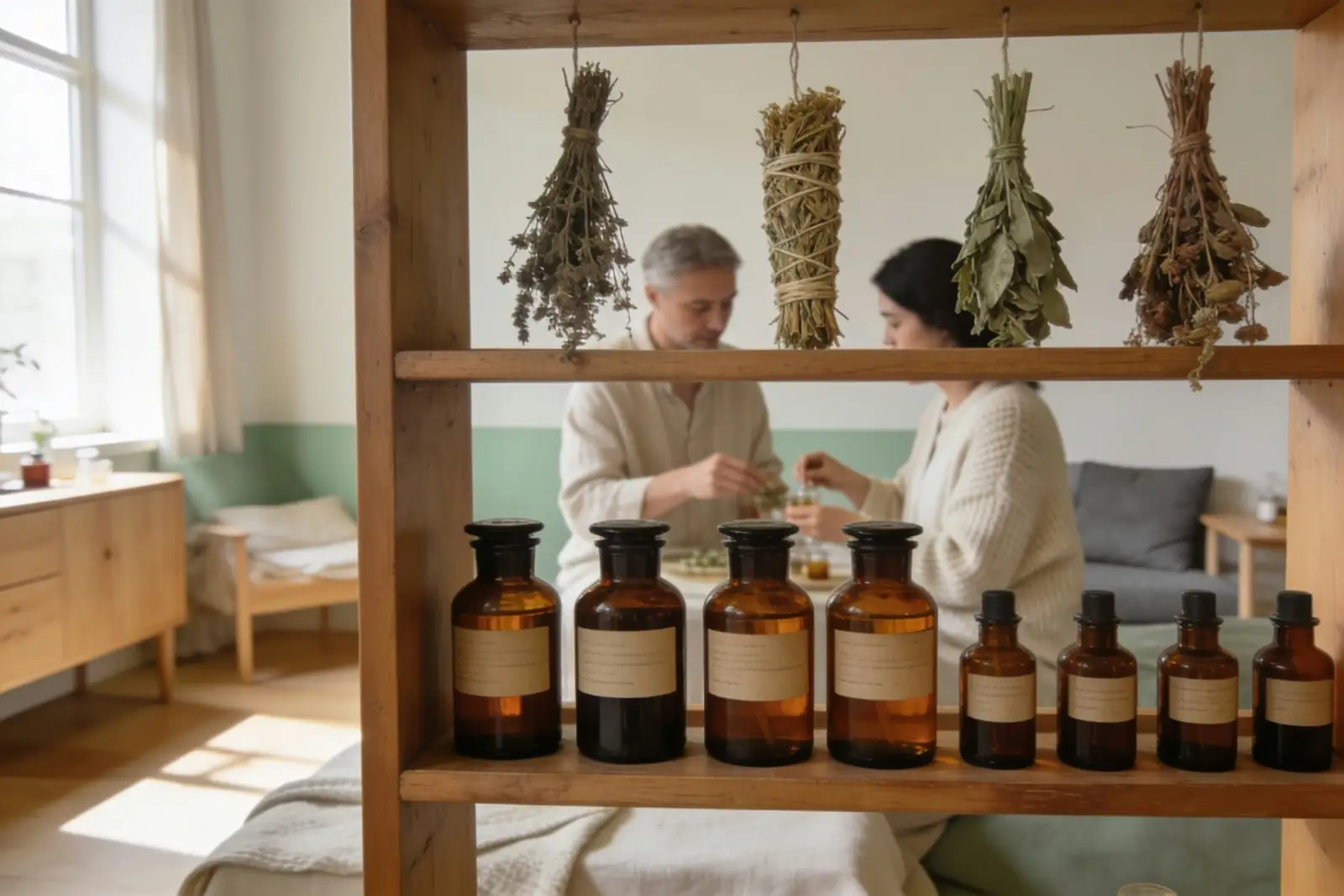 Hands preparing a herbal remedy from dried botanicals