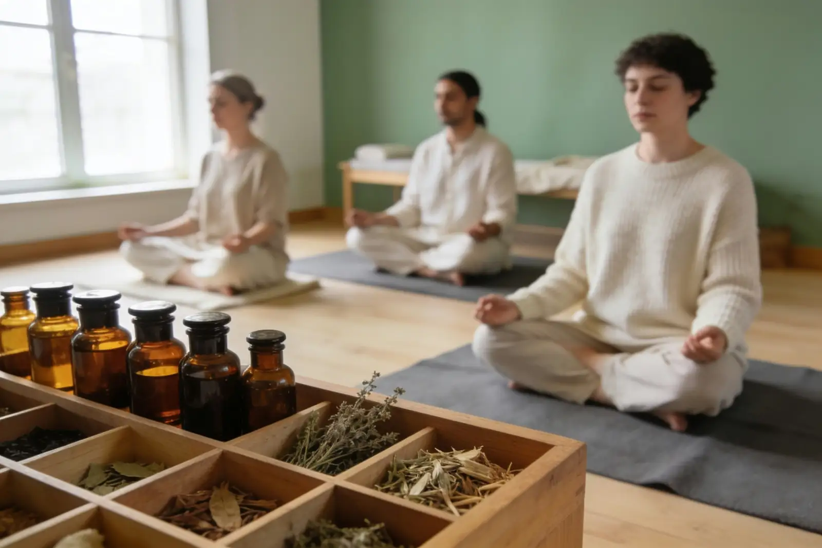 Quiet wellness corner with herbal tea and natural remedies