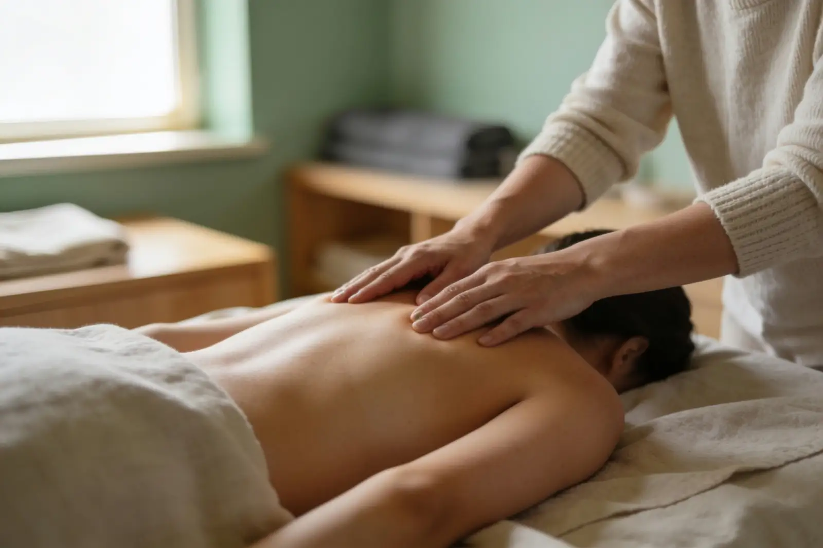Therapist giving a therapeutic massage to a patient on a treatment table