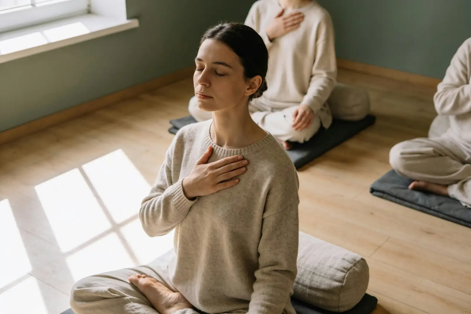 Person seated in a calm room during a guided meditation session