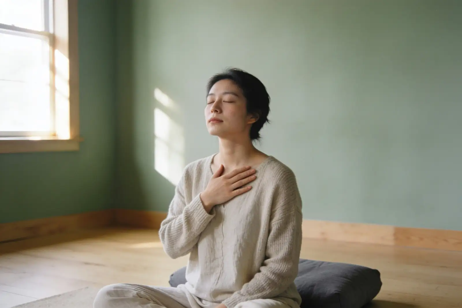Woman with eyes closed practising slow breathing in a quiet space