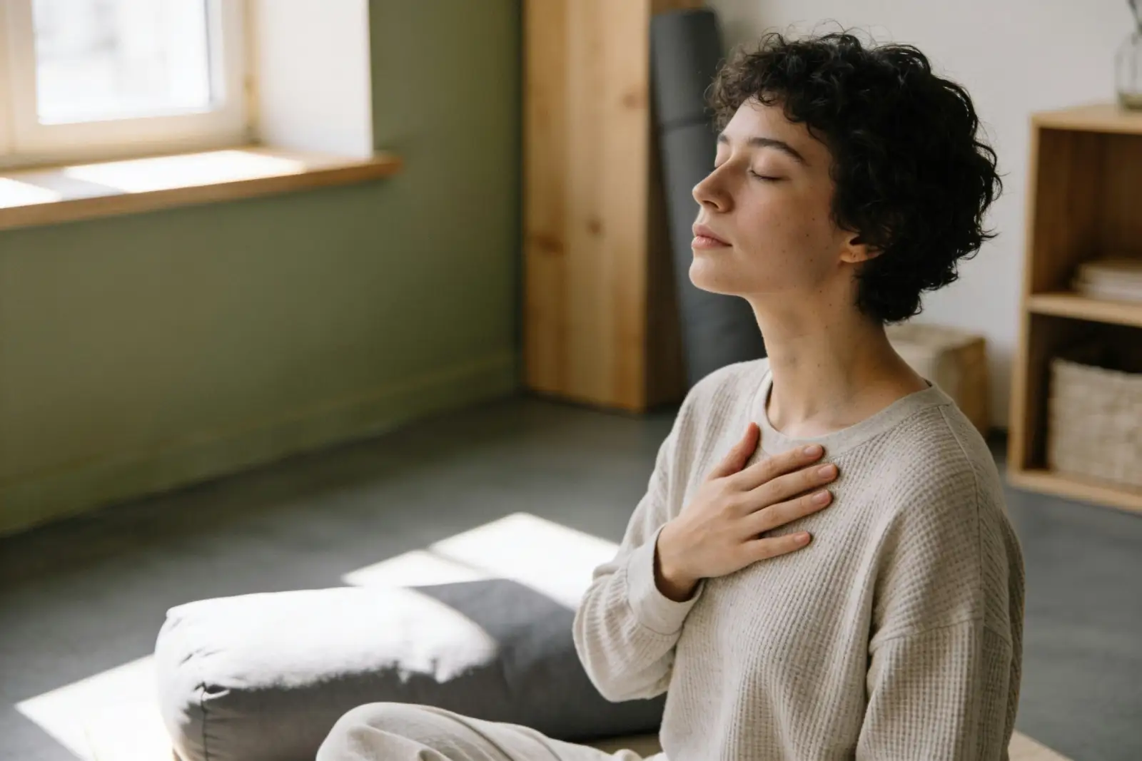 Person sitting by a window in quiet reflection