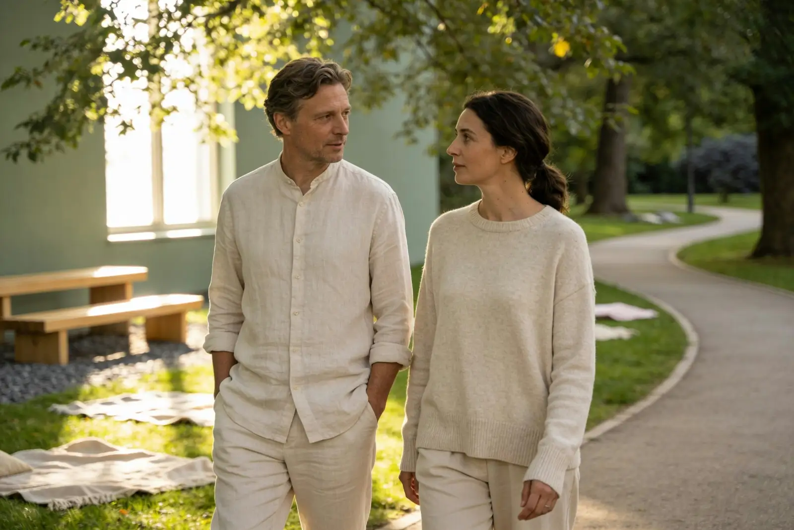 Easy stroll along a tree-lined park path as part of a daily routine