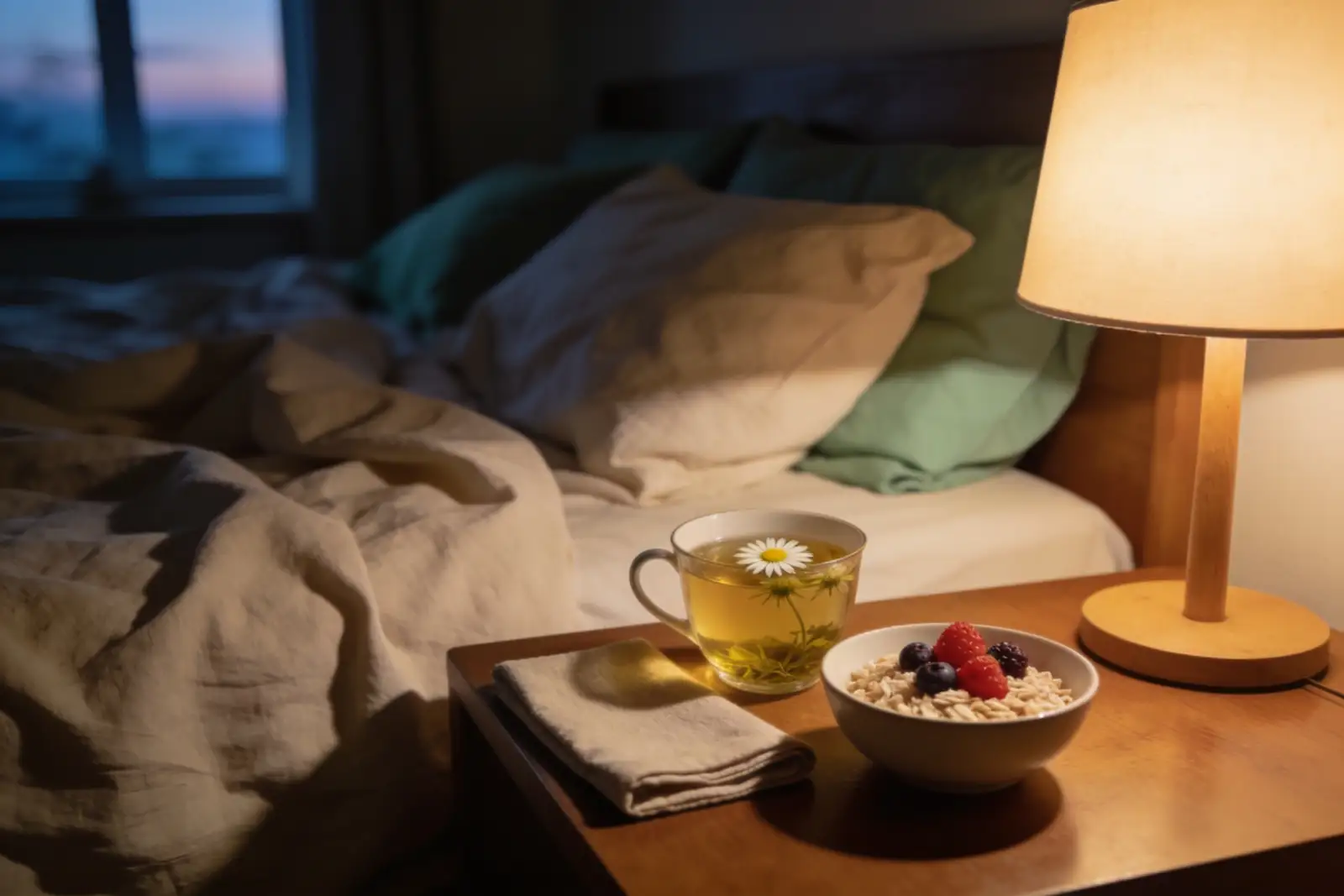 Calm bedroom at dusk with neutral linen bedding, set up for restful sleep