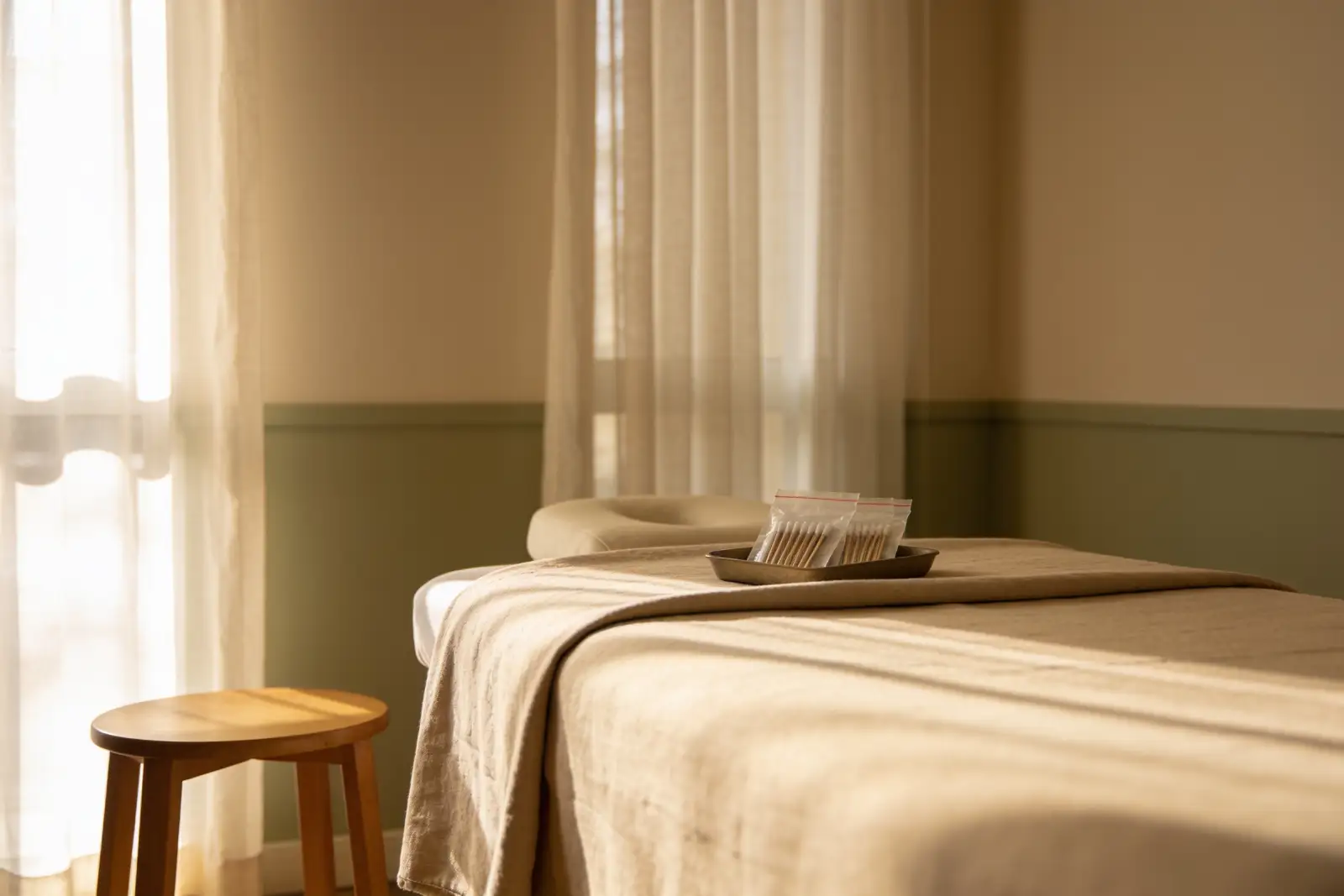 Quiet treatment room prepared for a first acupuncture visit