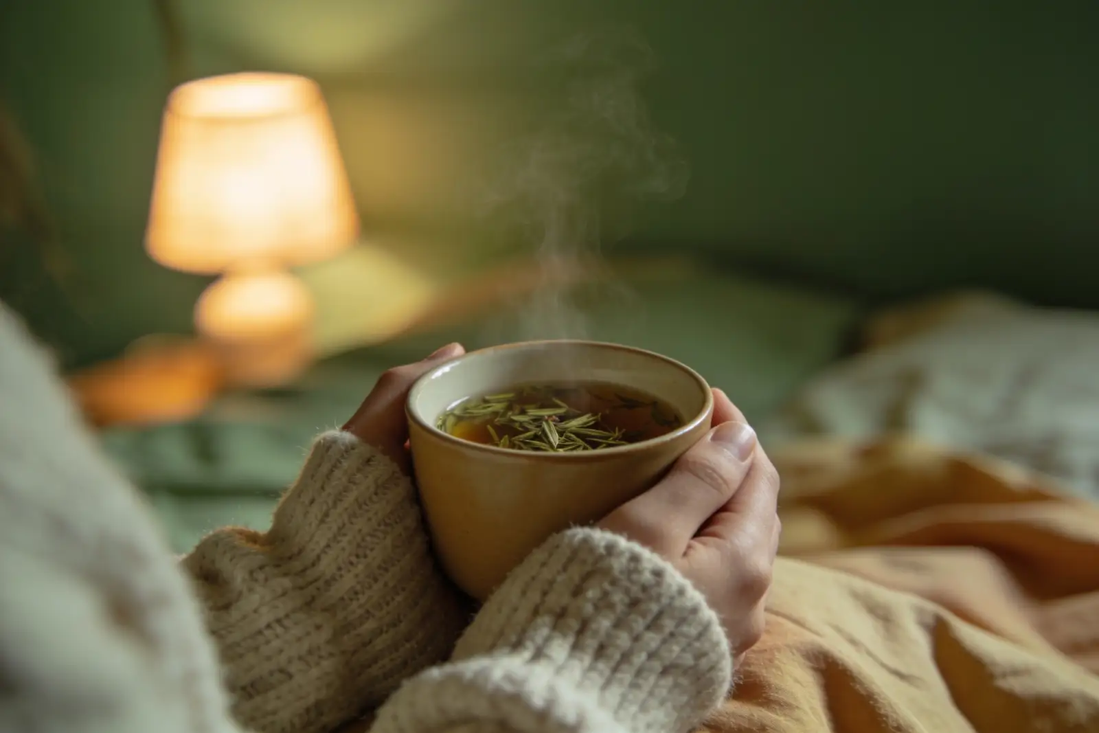 Hands holding a warm cup of herbal tea before bed