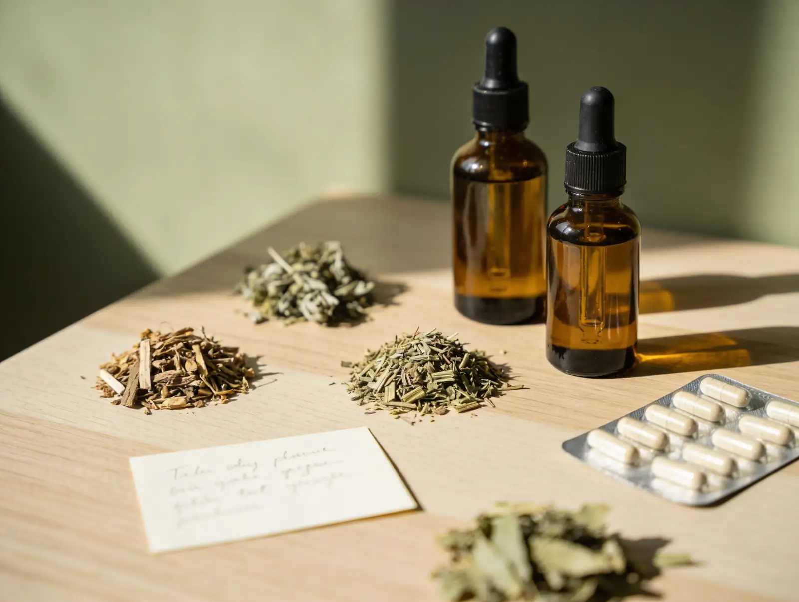 Natural health setup with herbal remedies and supplement bottles