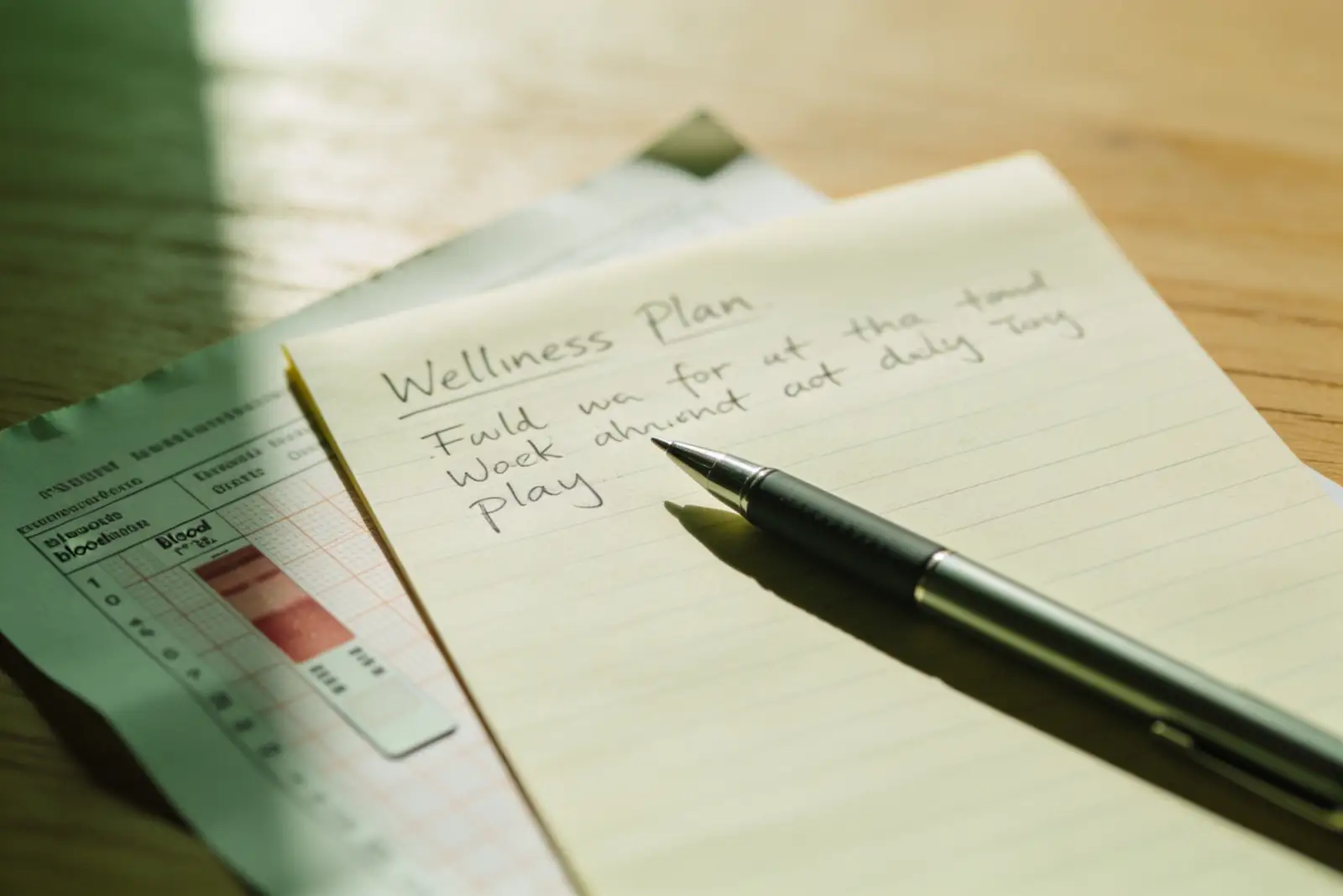 Desk with a written wellness plan, notebook and pen after a first consultation