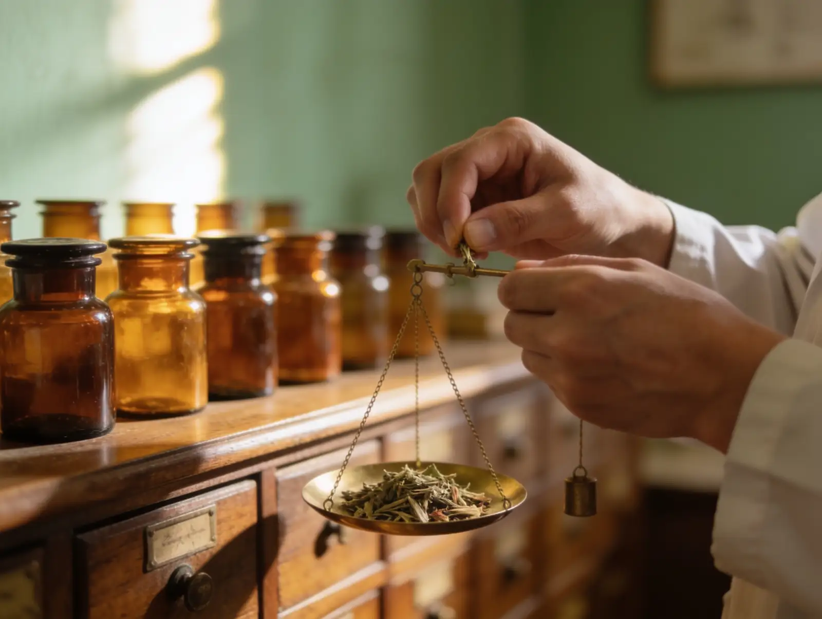 Herbalist weighing dried herbs on a small scale in an apothecary