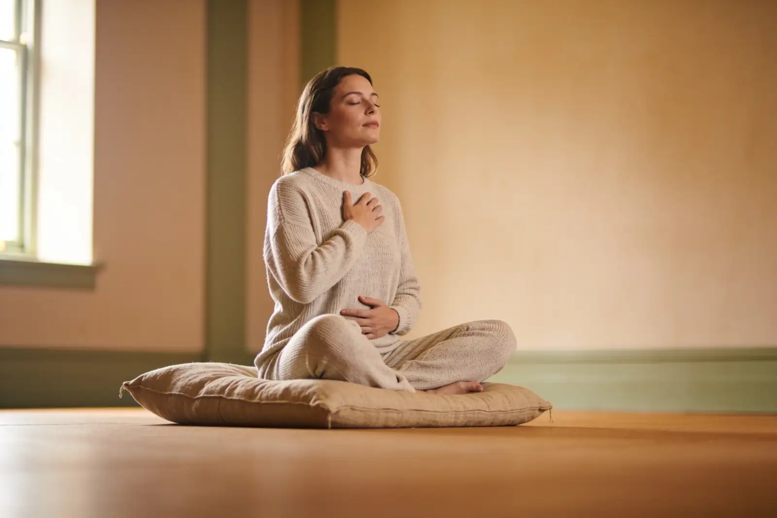 Person sitting calmly with eyes closed during breathwork