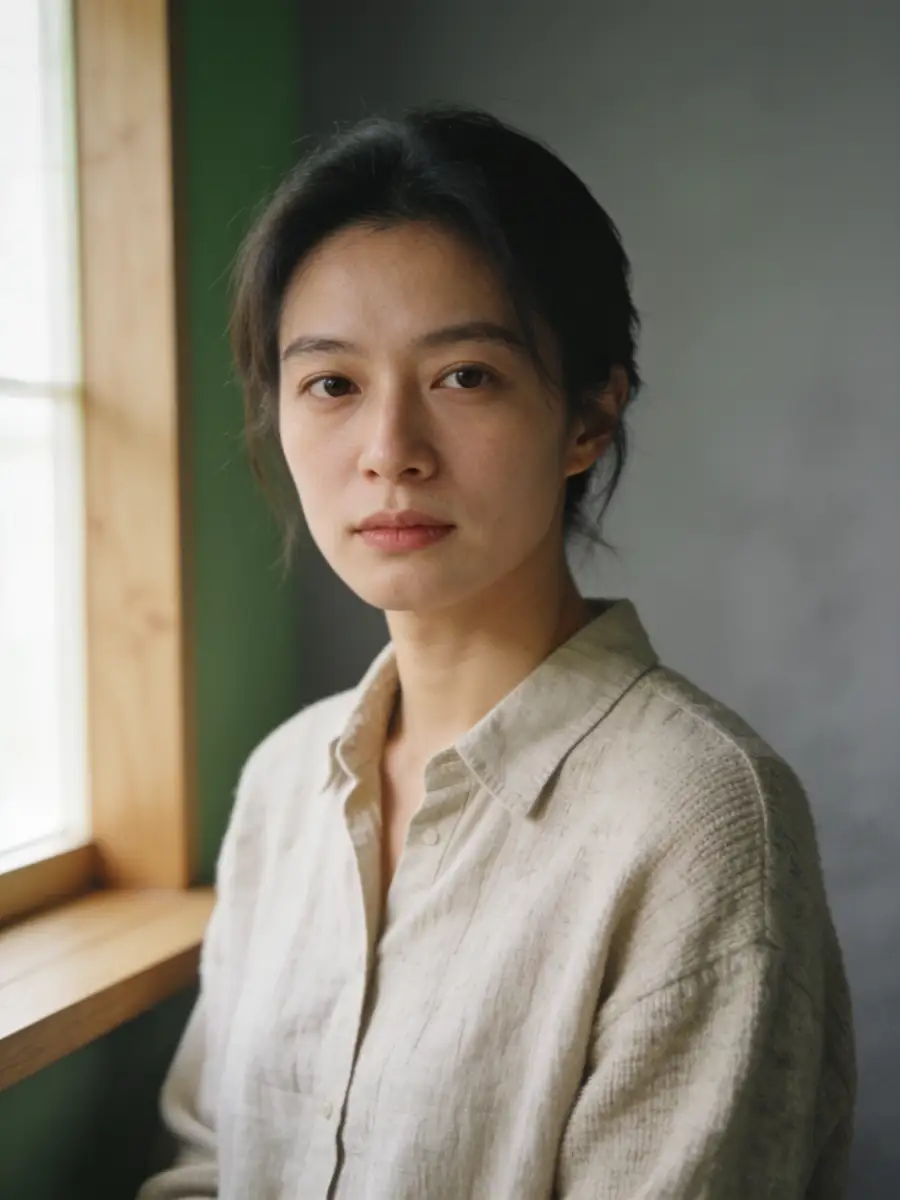Portrait of a calm young woman with dark hair tied back, wearing a beige button-up shirt, sitting near a wooden window frame with soft natural light.
