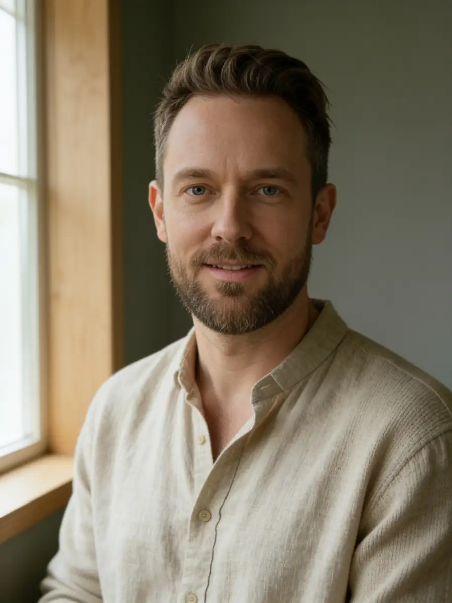 Portrait of a smiling man with light brown hair and a beard wearing a beige button-up shirt, sitting by a window with natural light.