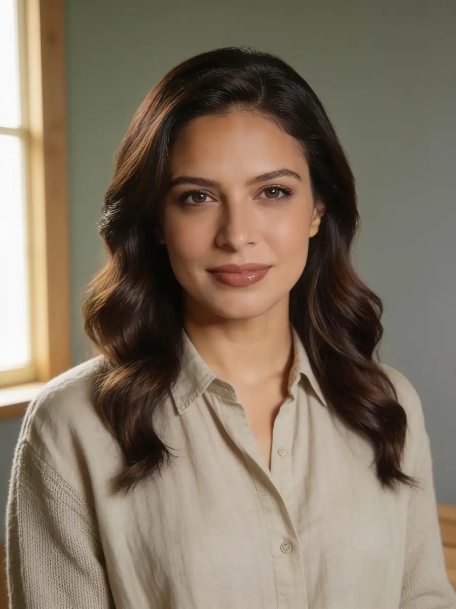 Portrait of a woman with medium-length wavy dark hair wearing a beige button-up shirt, standing indoors next to a window with soft natural light.