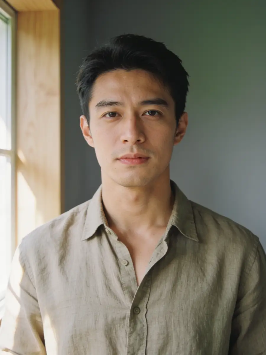 Portrait of a man with short black hair wearing a beige button-up shirt standing near a sunlit window with a wooden frame.