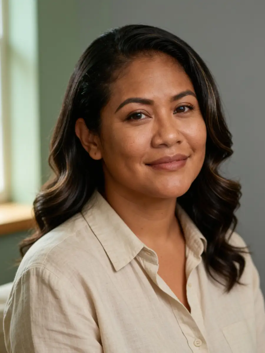 Portrait of a woman with medium skin tone and long dark wavy hair, wearing a beige button-up shirt, smiling softly with a neutral background and a softly lit window to the side.