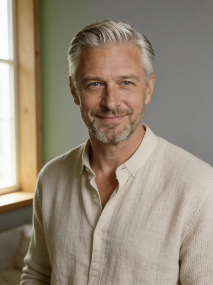 Smiling middle-aged man with gray hair and light beard wearing a beige shirt, standing indoors near a window with wooden frame.