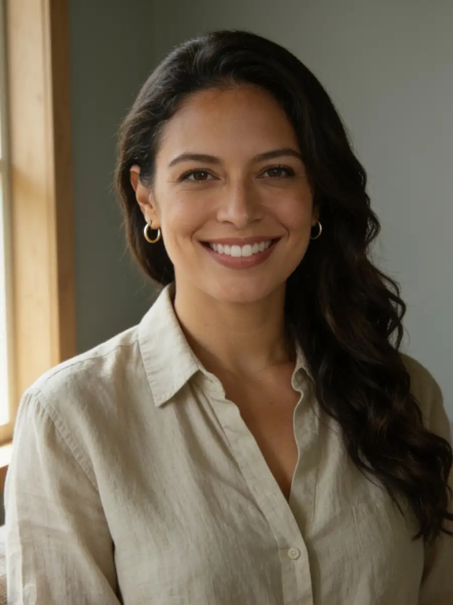 Smiling woman with long wavy dark hair wearing gold hoop earrings and a light beige button-up shirt, standing indoors near a window with a wooden frame.