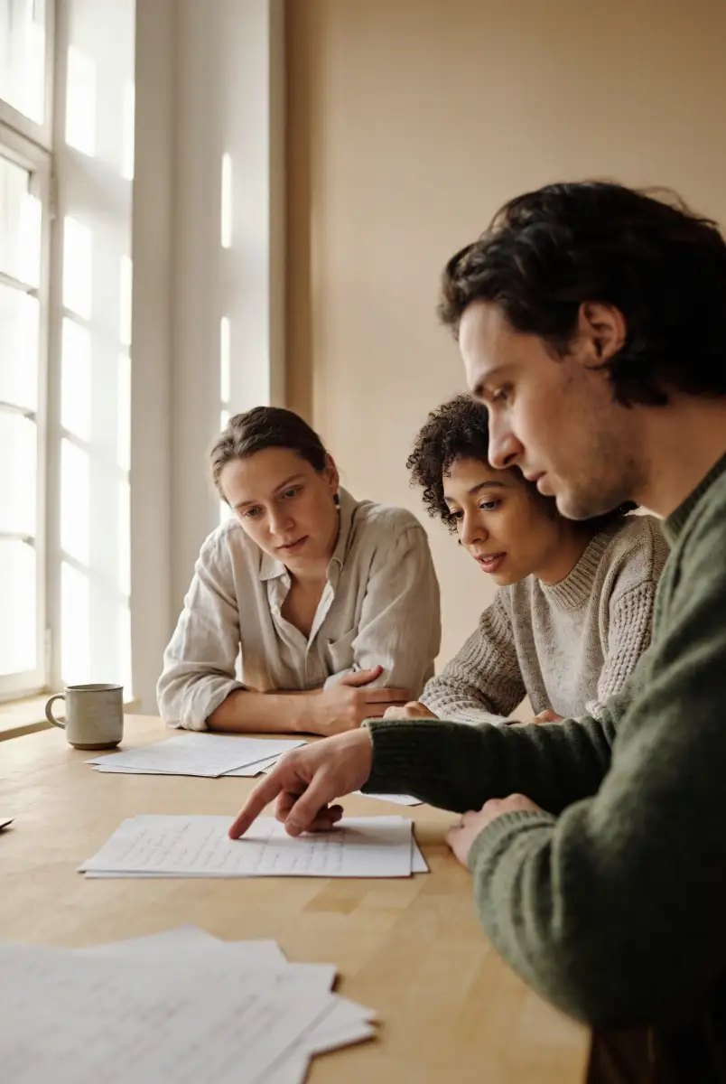 Three people sitting at a wooden table by a window, looking attentively at papers with handwritten notes as one person points at the documents.