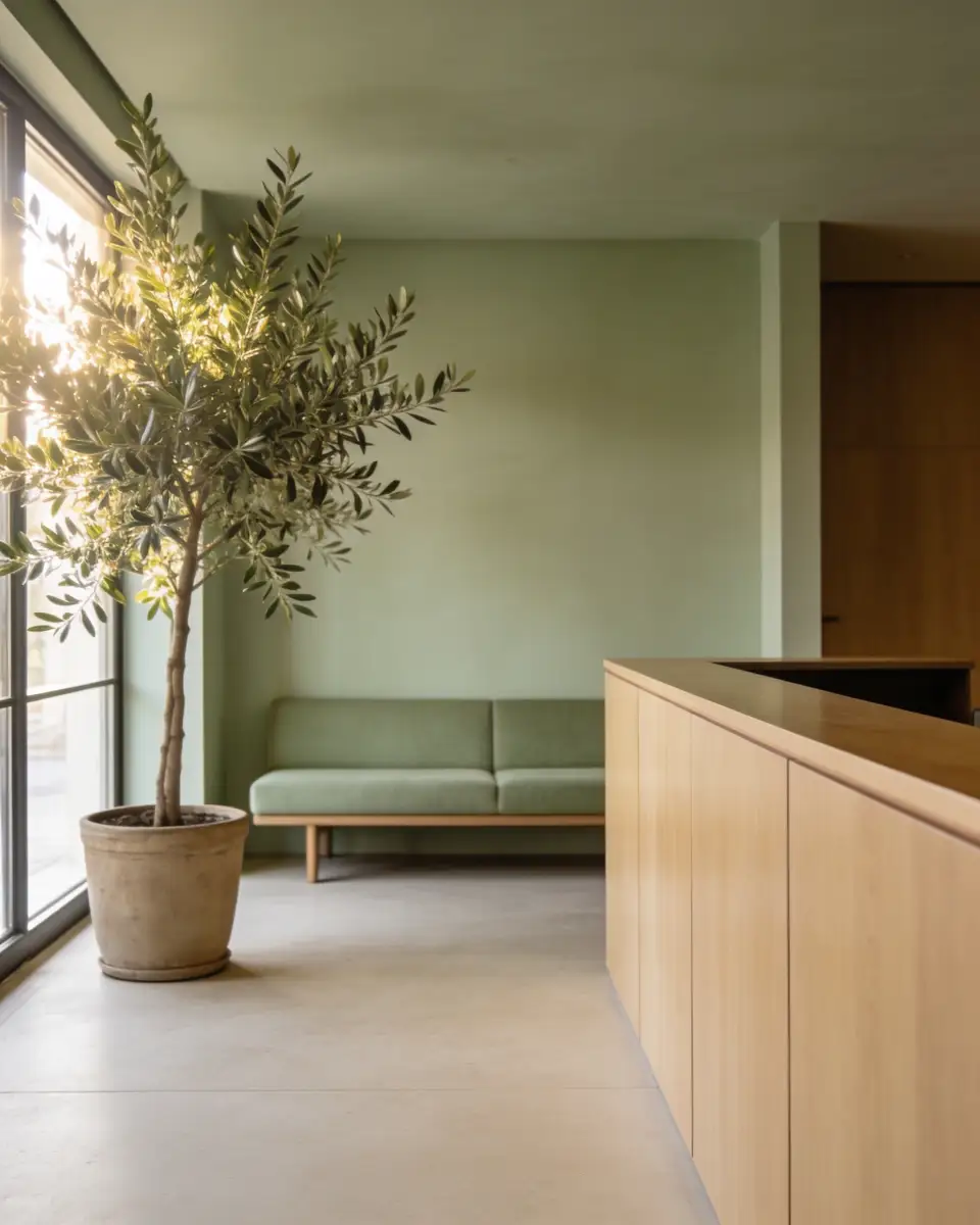 Minimalist interior with a large potted olive tree lit by sunlight next to floor-to-ceiling windows, a simple green upholstered bench against a muted green wall, and a light wood reception counter.