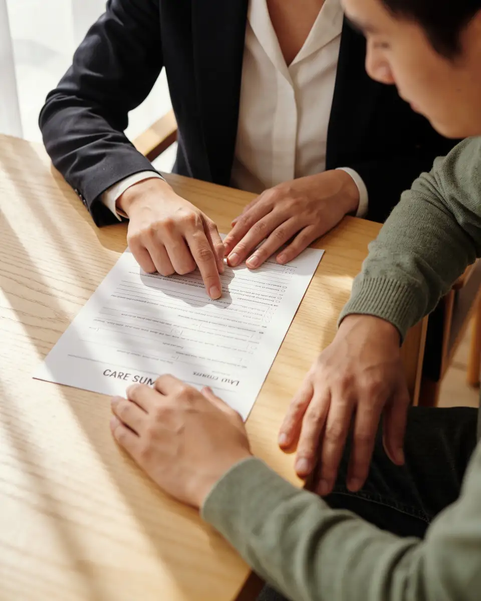 Two people sitting at a wooden table reviewing a document titled 'Care Summary'; one person in a black blazer and white shirt points at the paper while the other, wearing a green sweater, listens attentively.