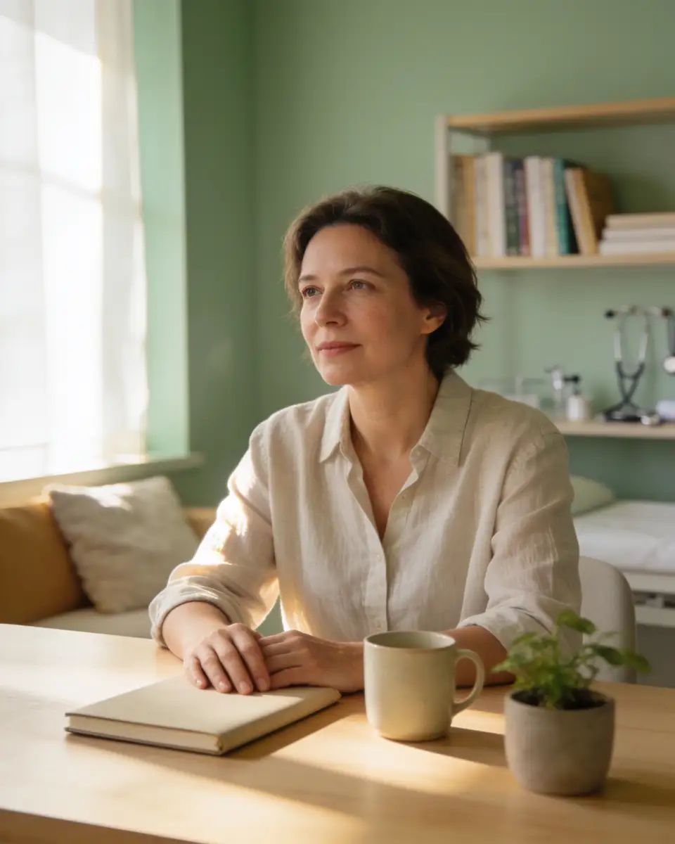 A woman with short brown hair wearing a cream-colored shirt sits at a wooden table with a mug, a closed book, and a small potted plant, looking thoughtfully out a window to her left in a softly lit room.