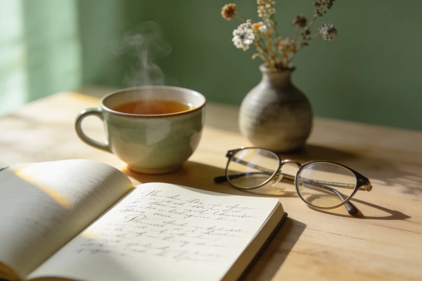 Open notebook with handwritten text, steaming cup of tea, and glasses on a wooden table next to a small vase with dried flowers against a green background.