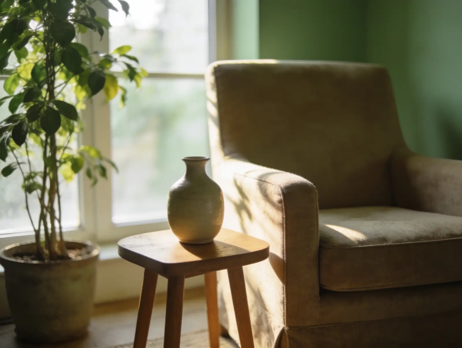 Sunlit cozy living room corner with a beige upholstered armchair next to a small wooden side table holding a ceramic vase, with a potted green plant near a bright window.