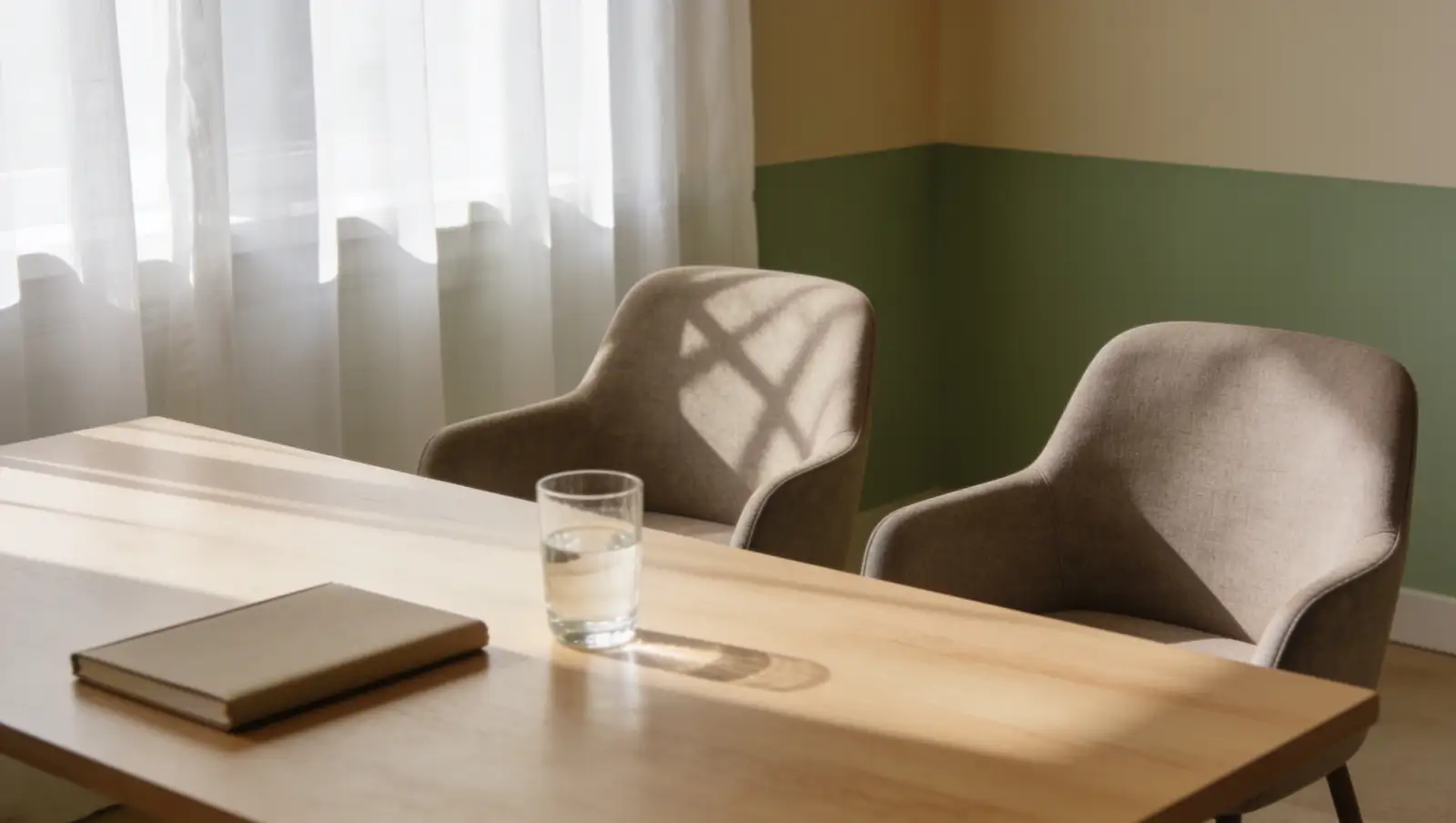Minimalist interior scene with a wooden table holding a closed book and a glass of water, two beige upholstered chairs, green and beige wall, and sheer curtains letting in soft sunlight.