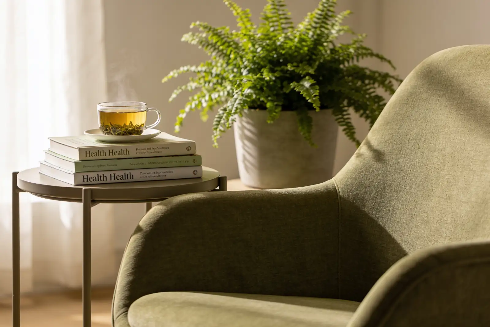 Cozy reading nook featuring an olive green upholstered armchair, a round wooden side table with three stacked books titled 'Health Health,' a steaming cup of tea in a clear glass cup and saucer resting on top, and a potted fern plant in the background with natural light softly illuminating the scene through white curtains.