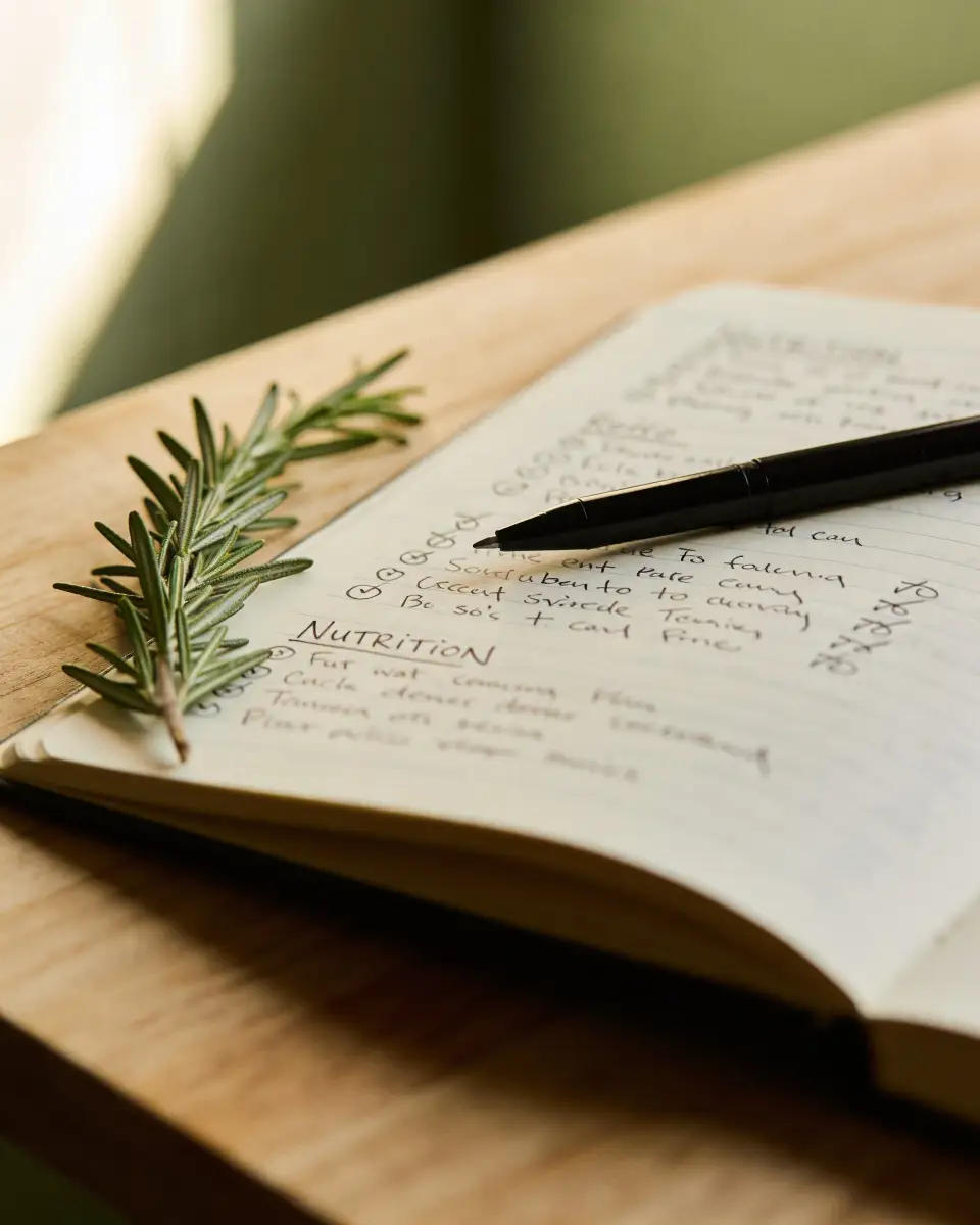 Open notebook on a wooden surface with handwritten notes and a black pen resting on the page, accompanied by a sprig of fresh rosemary.