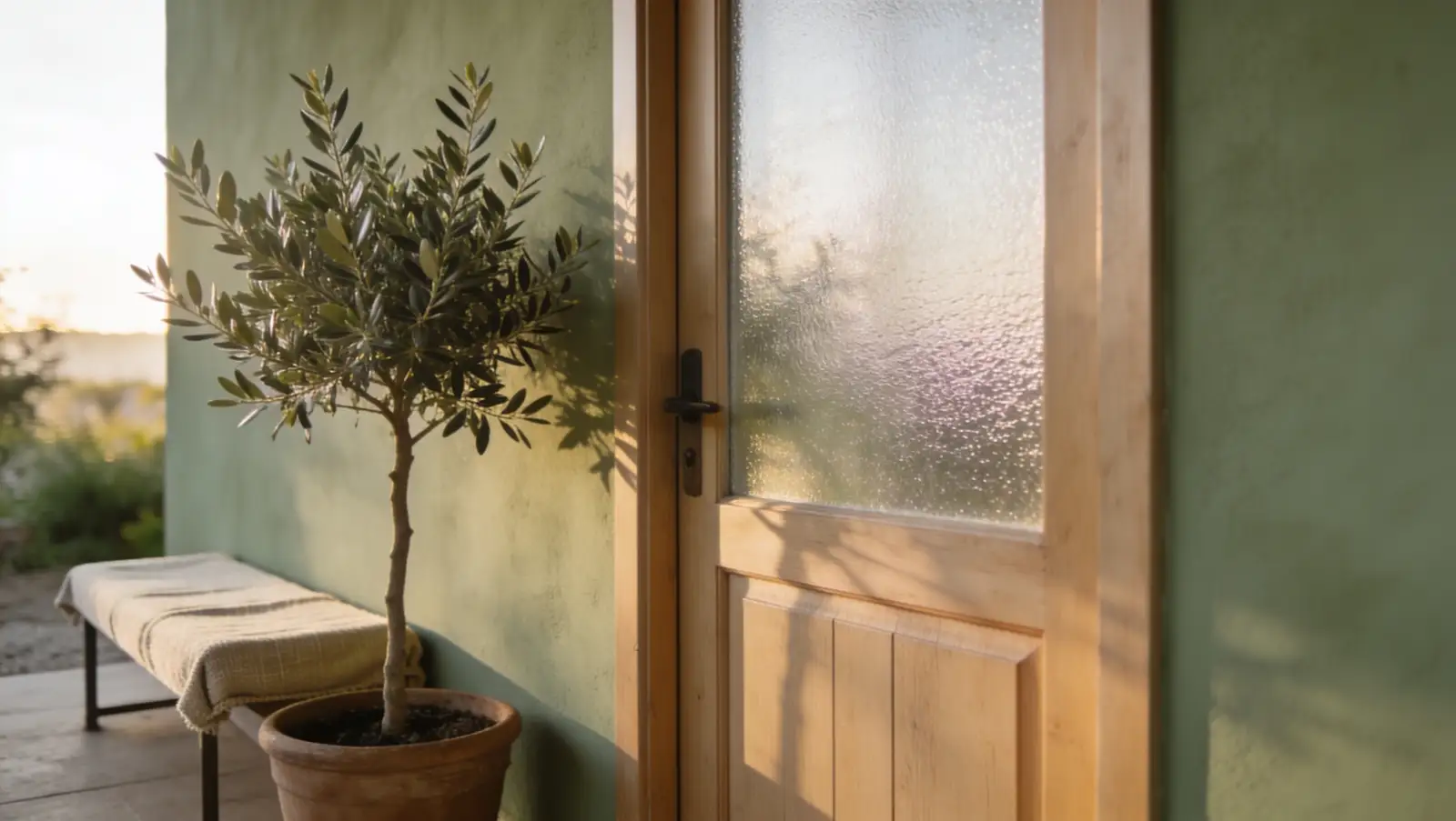 Potted small olive tree with green leaves next to a wooden door with frosted glass on a green wall, sunlight casting soft shadows on the wall and door.