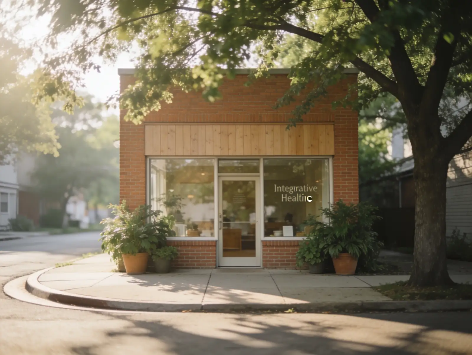Small brick building with large front windows and a glass door, with potted plants on both sides under a tree, sunlight filtering through leaves, and the words 'Integrative Health' visible on the right window.