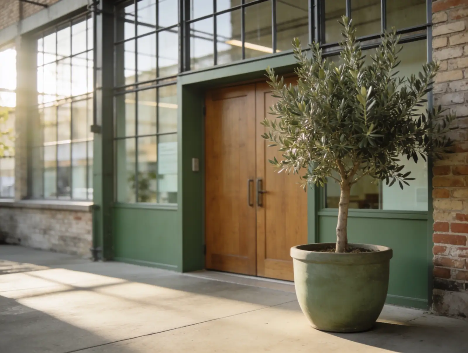 Potted olive tree with green leaves beside a wooden double door framed in green, attached to a brick and glass building in soft sunlight.