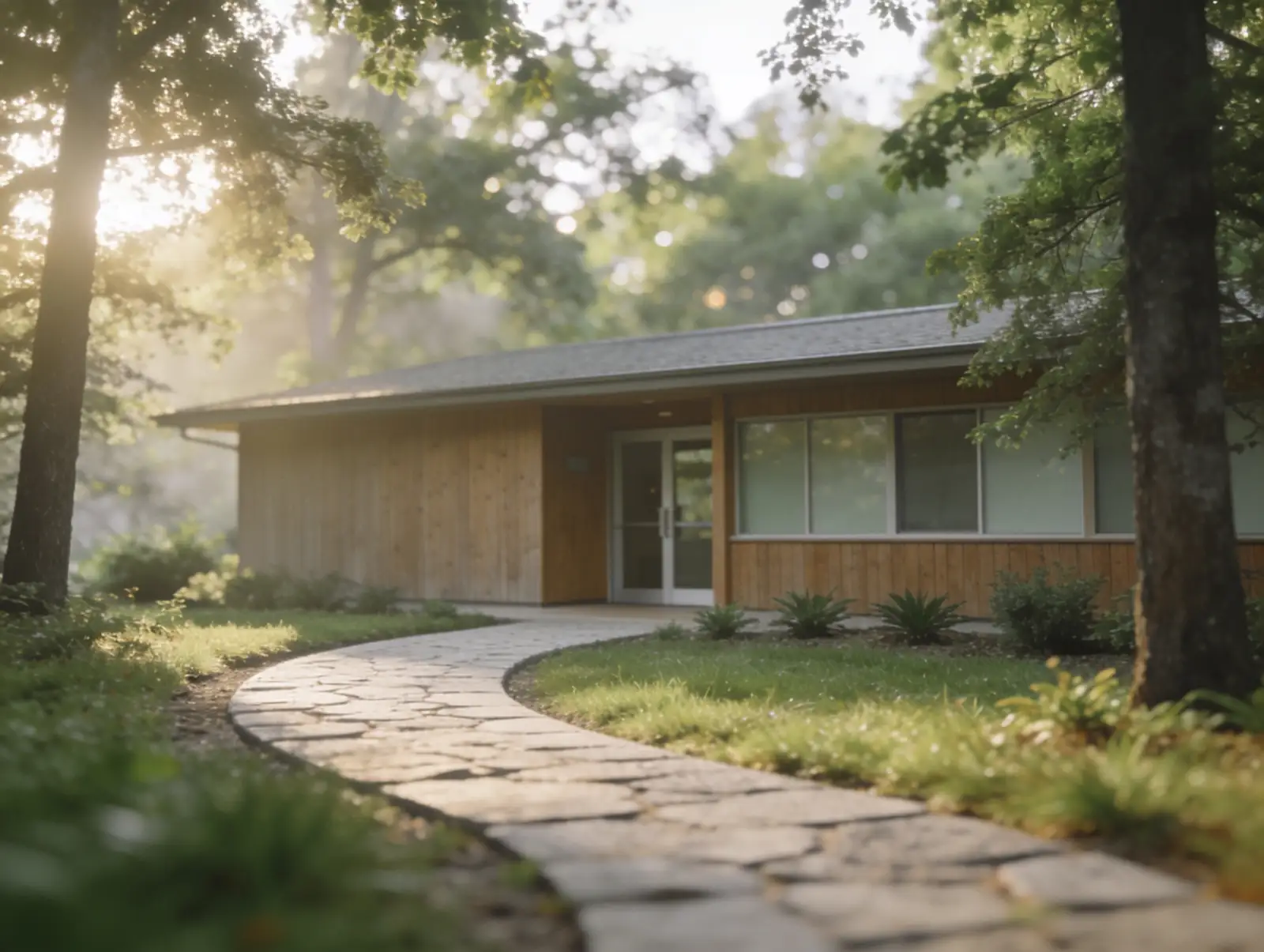 Curved stone pathway leading to a modern wooden house entrance surrounded by greenery and trees with sunlight filtering through.