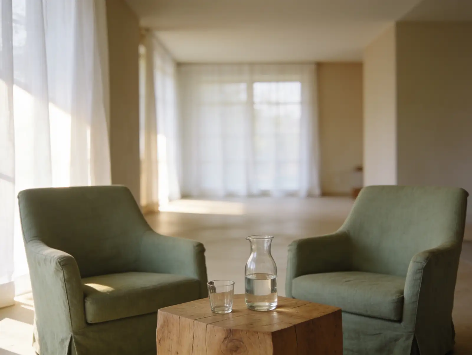 Two green upholstered armchairs facing each other with a glass pitcher half-filled with water and an empty glass on a small wooden block table between them in a sunlit room with sheer white curtains.