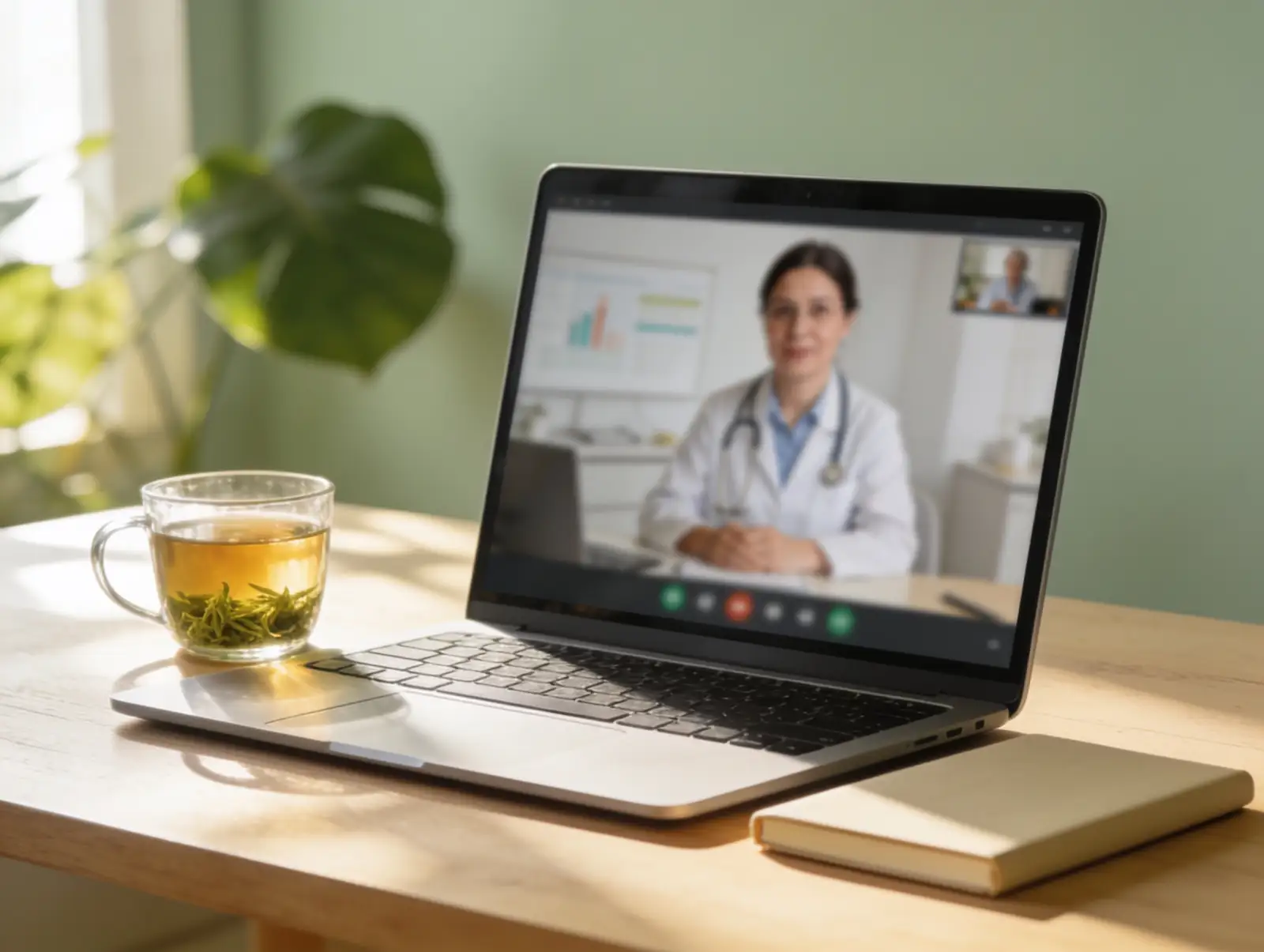 A laptop on a wooden table displaying a video call with a female doctor wearing a white coat and stethoscope, a cup of tea to the left and a closed notebook to the right.