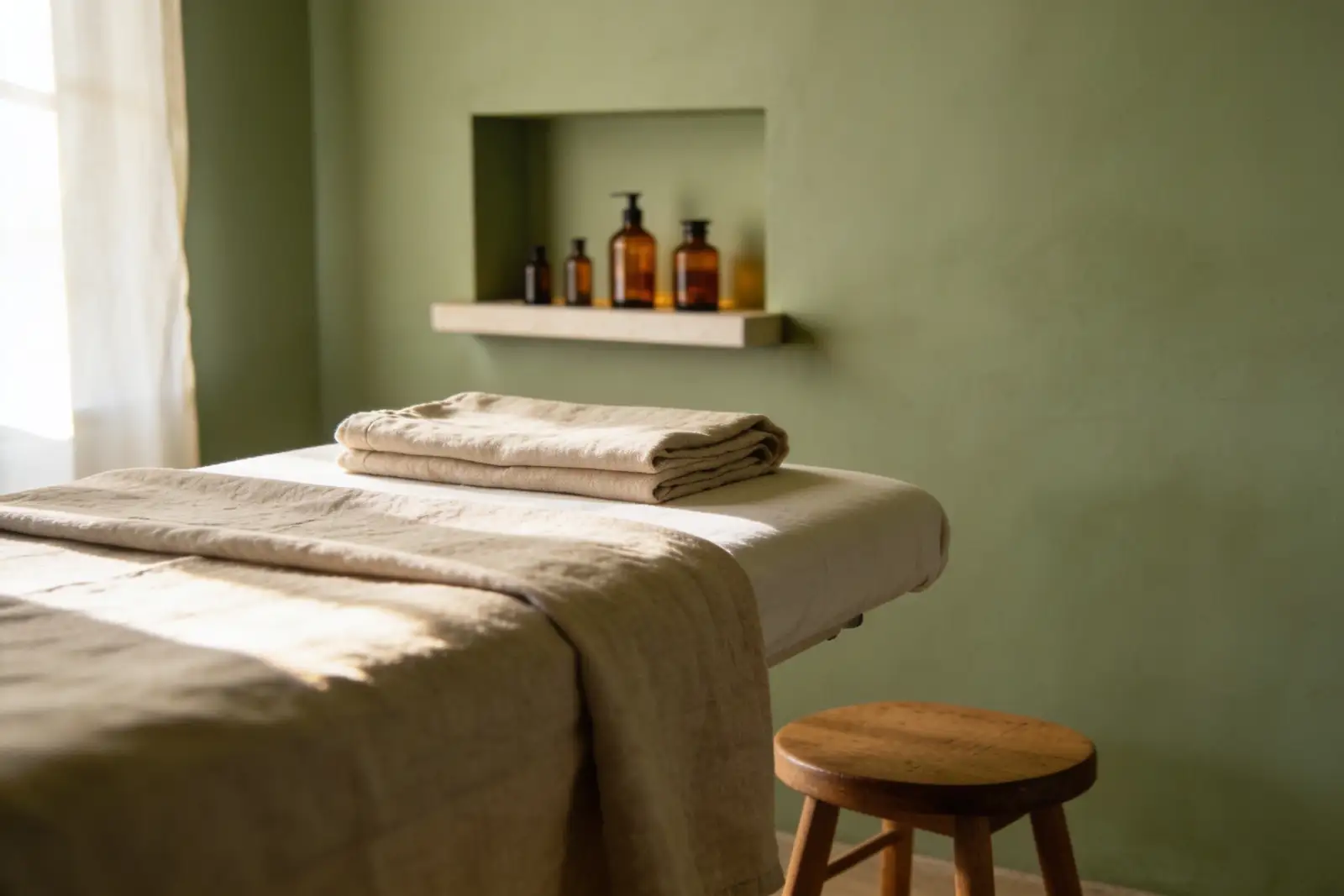 Serene spa room with a massage table covered in beige linens, a folded towel on top, and a small wooden stool beside it, against a green wall with a recessed shelf holding amber glass bottles.