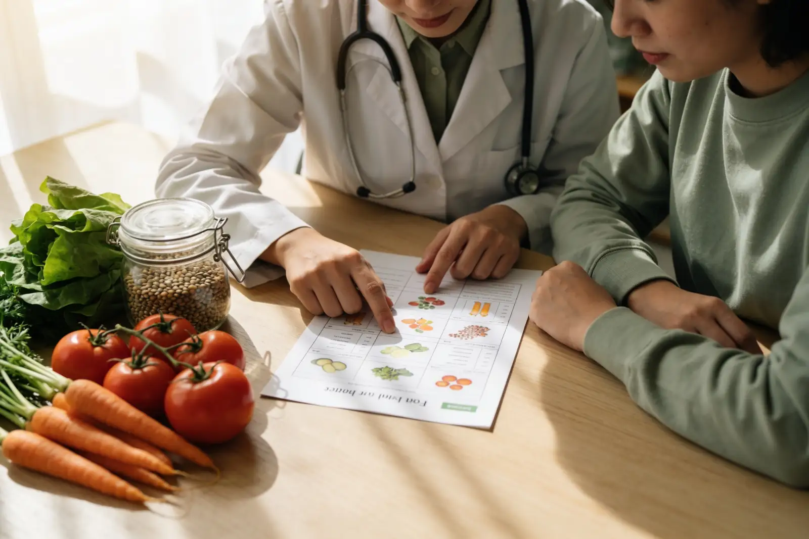 A nutritionist in a white coat with a stethoscope explains a food chart with images of vegetables to a patient, with fresh carrots, tomatoes, leafy greens, and a jar of lentils on the table.
