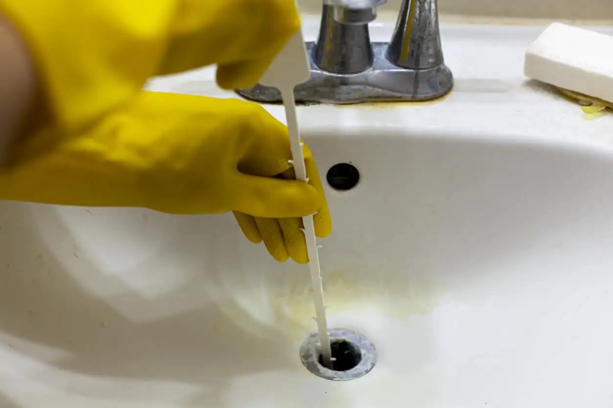 Plumber-Clearing-Clogged-Bathroom-Sink-Drain-With-Tool||