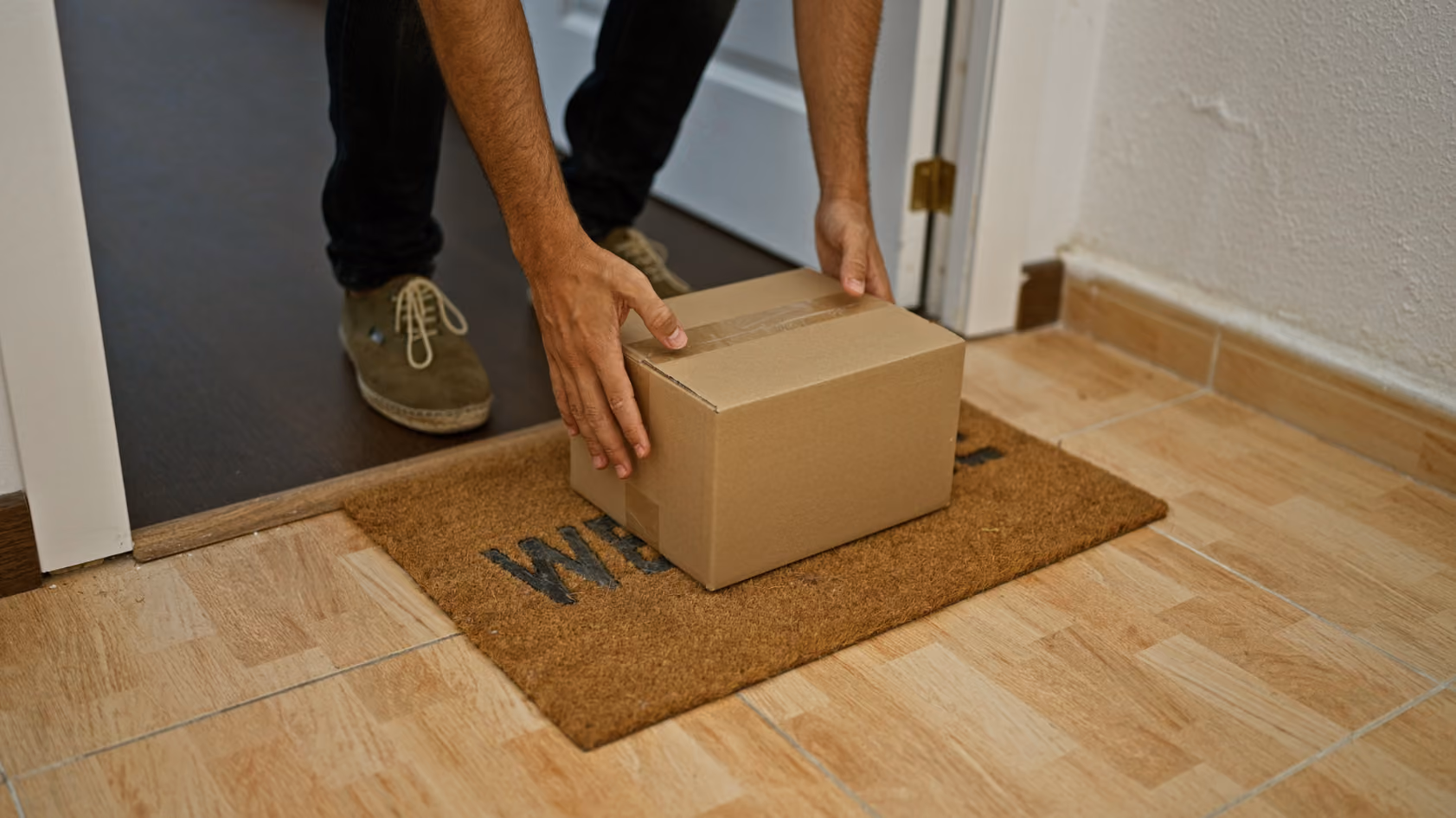 Setting package on welcome mat Stock Image