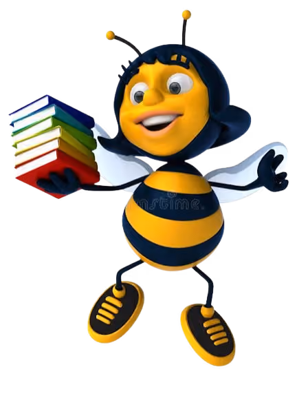 Cartoon bee mascot holding a stack of colorful books