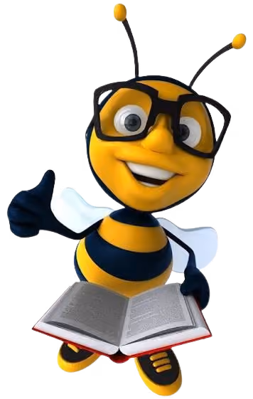 Cartoon bee mascot wearing glasses holding a book