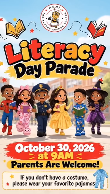 PS 91 Literacy Day Parade flyer October 30 2026 at 9AM