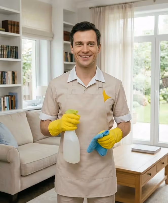 Smiling man wearing yellow cleaning gloves and apron holding a spray bottle and a blue cloth in a bright living room.