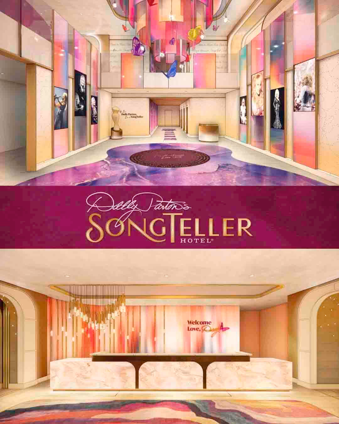 Colorful hotel lobby and reception area with Dolly Parton SongTeller branding