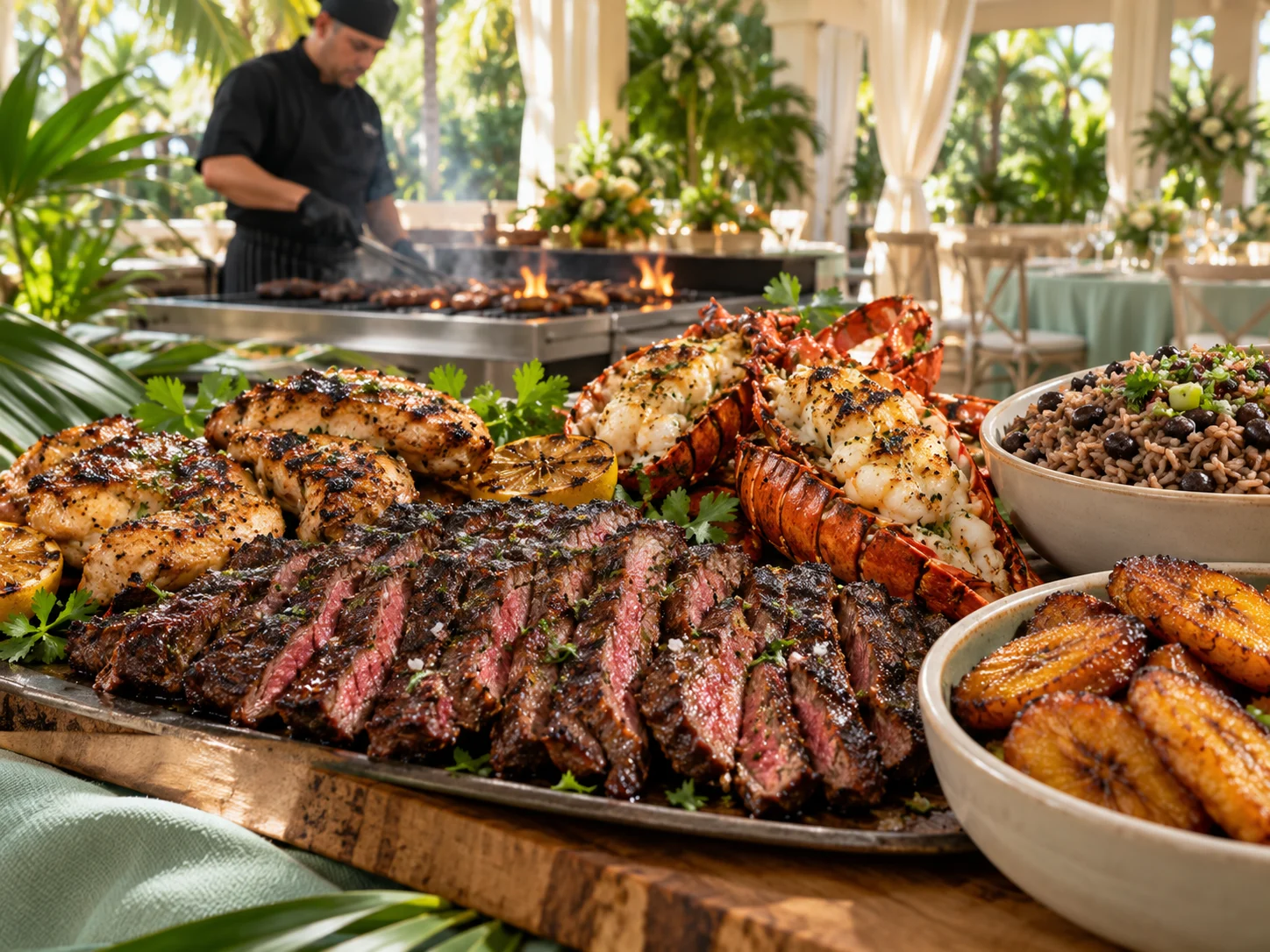AI-generated grilling inspiration with skirt steak, chicken, lobster tails, arroz moro and sweet plantains