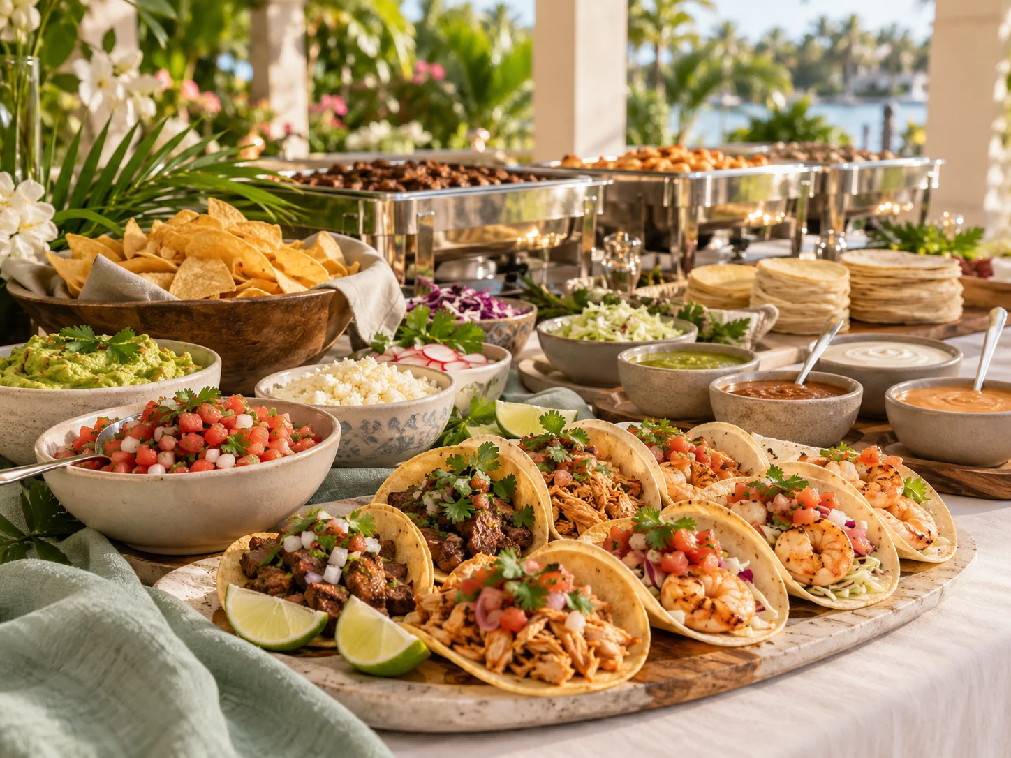AI-generated taco buffet inspiration with beef, chicken and shrimp tacos, tortillas, guacamole, chips and sauces on a tropical patio
