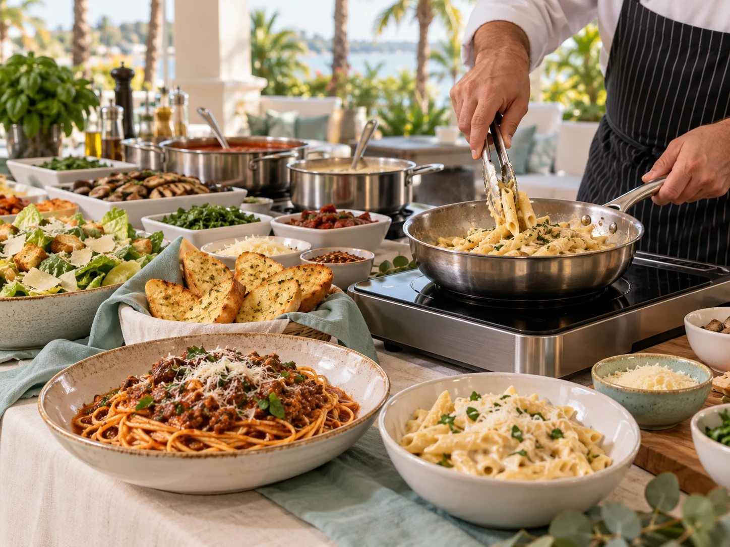 AI-generated Pasta Station inspiration showing a chef preparing pasta individually with Caesar salad and garlic bread on a covered tropical patio