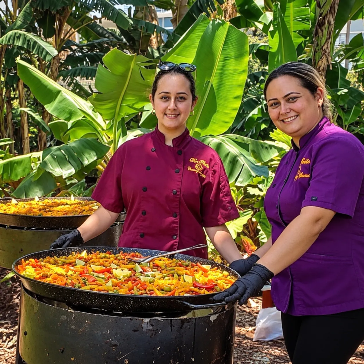 Sisters Ismeydis and Islaydis in burgundy and purple chef coats beside paella in a tropical garden.